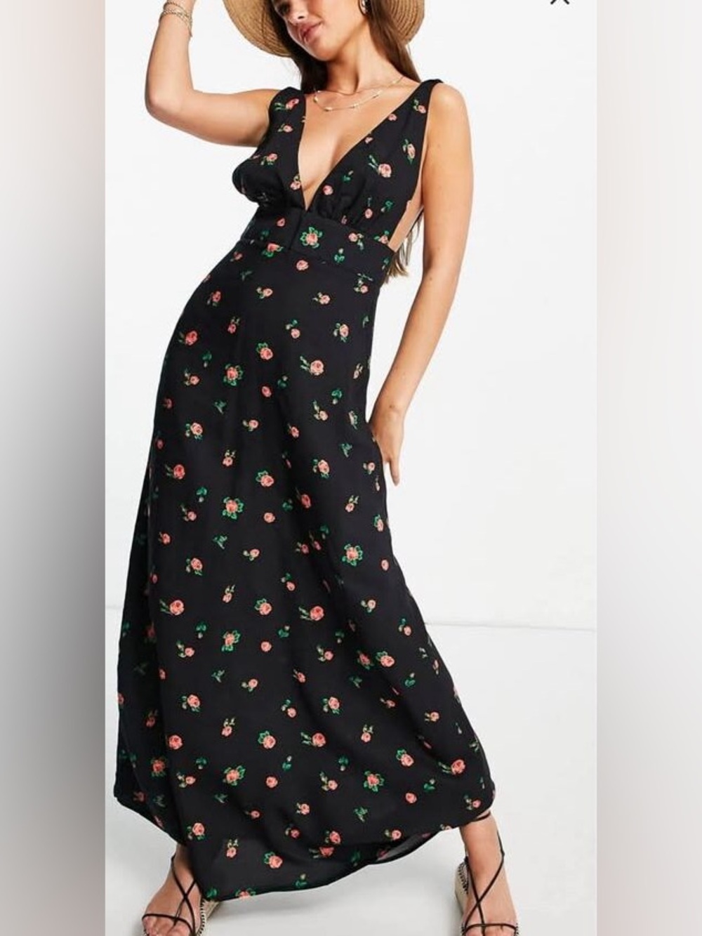 ASOS by Design Black with Red Floral Cottagecore Boho Plunge Maxi Dress